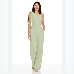 NWT Dress the Population Tiffany Asymmetrical One Shoulder Jumpsuit S Sage Green